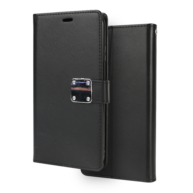 iPhone Xr 6.1in Multi POCKETS Folio Flip Leather Wallet Case with Strap (Black)